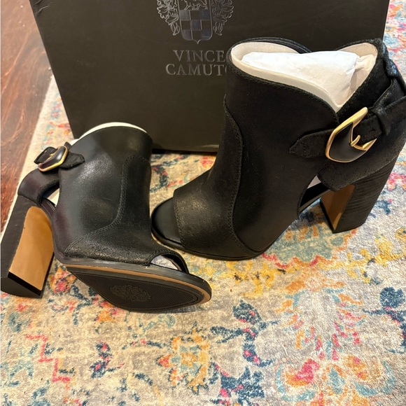 Vince Camuto Black Heeled Boots with Gold Buckle - Picture 3 of 10